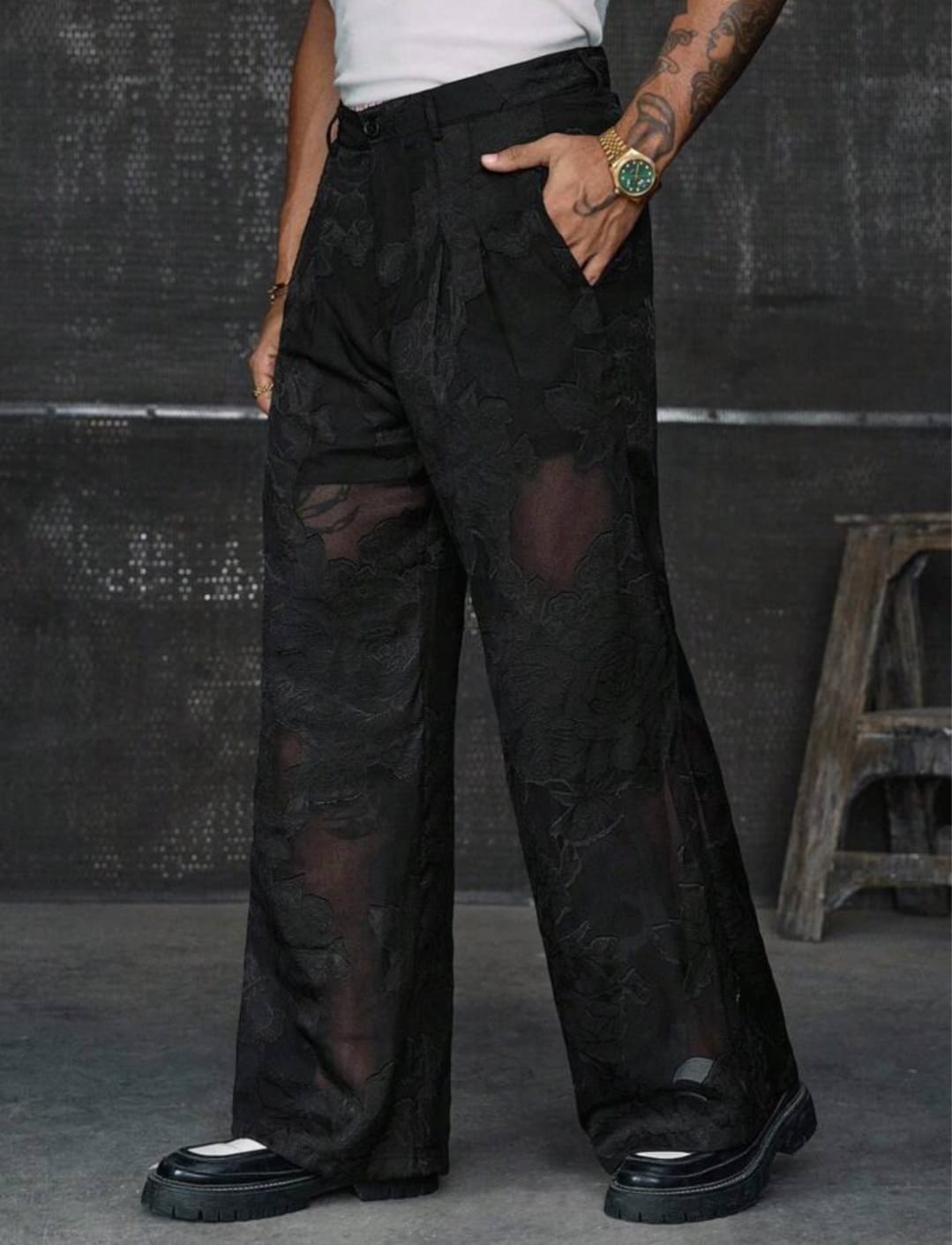 Men's Black Floral Sheer Wide-Leg Trousers – Elegant Mesh Statement Pants